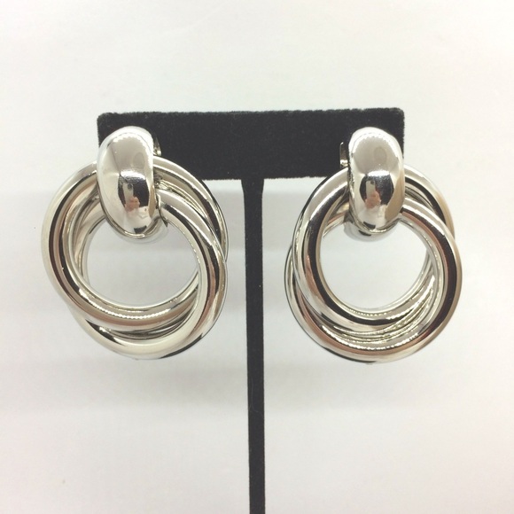 Vintage Jewelry - VINTAGE 80S 90S LARGE HOOP EARRINGS DOUBLE CIRCLES SILVER TONE STATEMENT